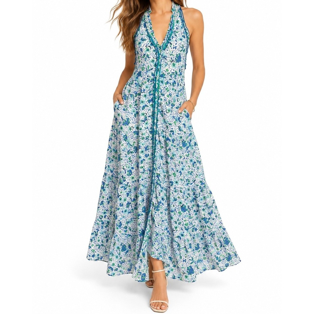 Poupette St Barth Nana Blue Monaco Floral Maxi Dress Ruffle Resort S